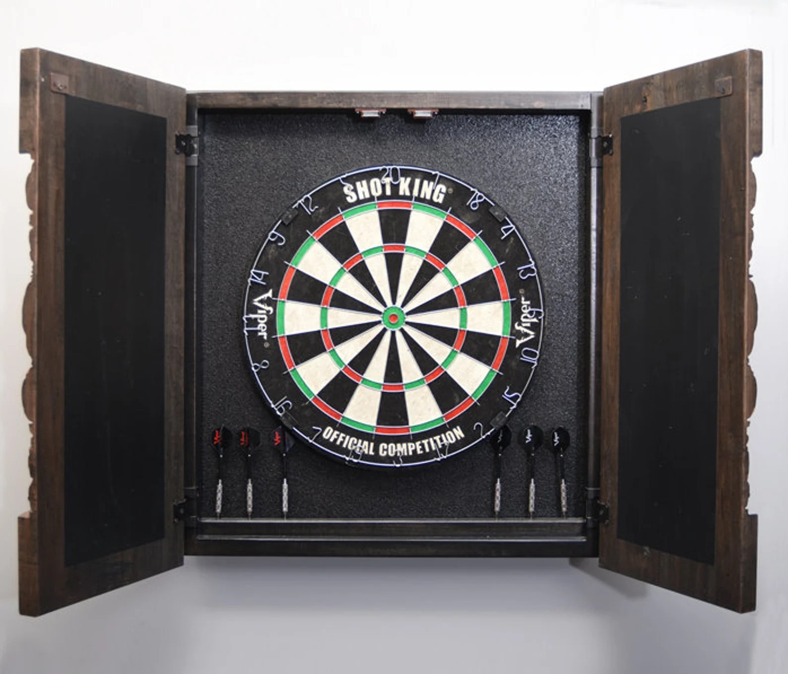 Dartboard cabinet — dark stain, open