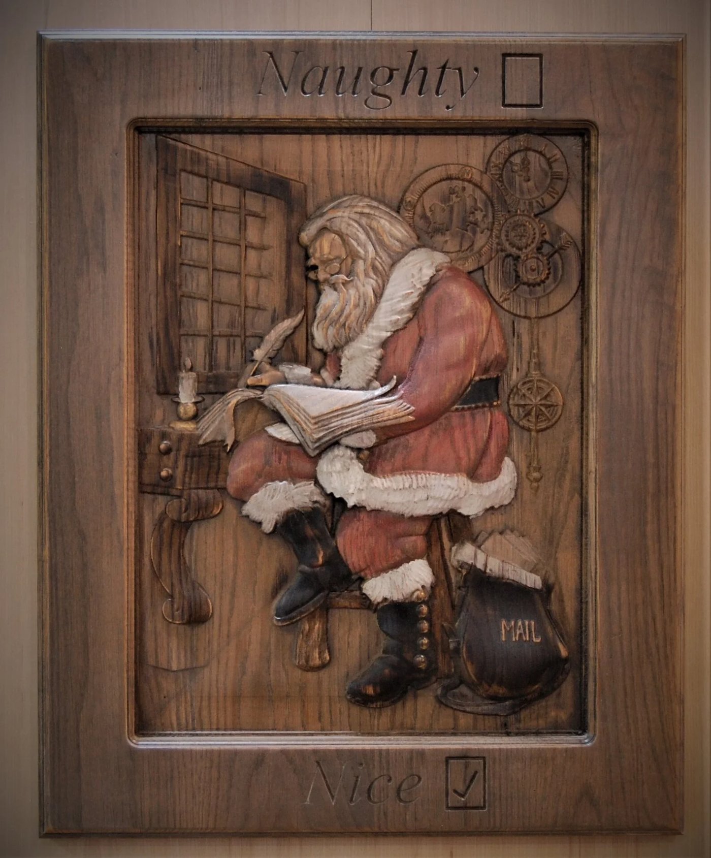 Santa Naughty or Nice — hand carved wall piece